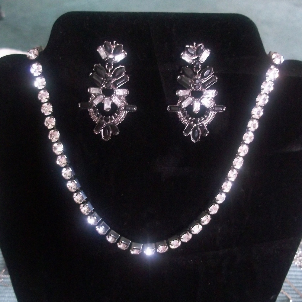 Black Rhodium w/.75ct ea. CZ Necklace; & Earrings